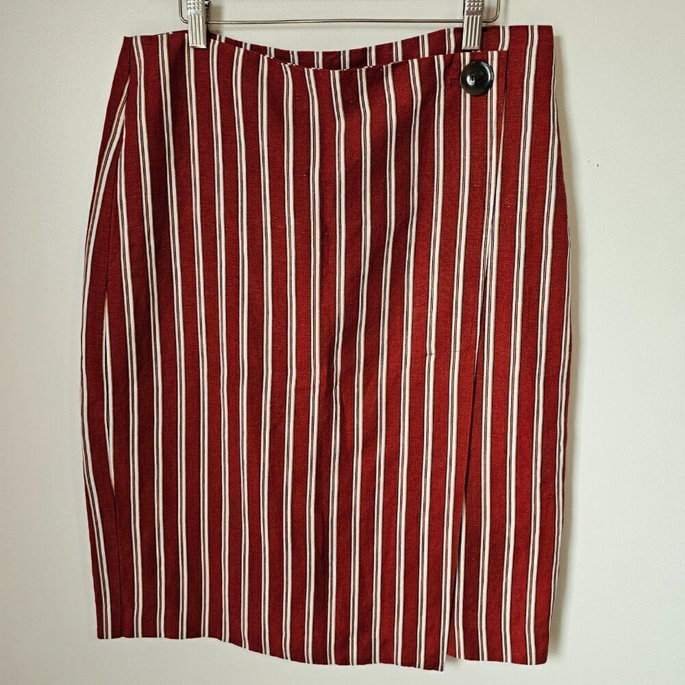 EUC LIKE NEW ANN TAYLOR LINEN BLEND STRIPED FAUX WRAP SHORT SKIRT SIZE 12 / L